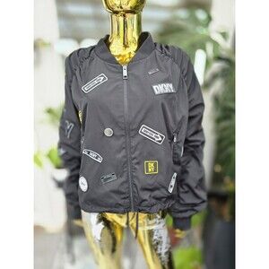 DKNY City Sign Embroidered Bomber Jacket Womens XL Black Logo Patch Streetwear